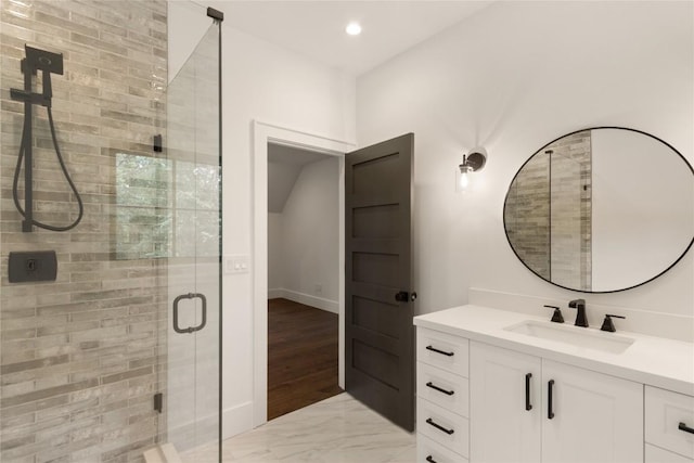 237 Glassy Rock Ln, Glenville, NC 28736 - bathroom featuring vanity, a stall shower, marble finish floors, and recessed lighting