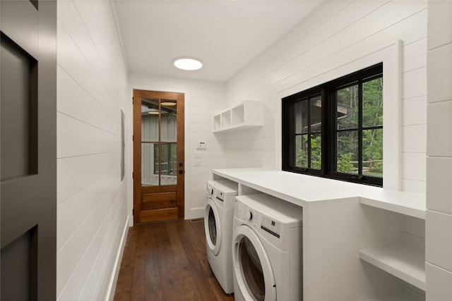 237 Glassy Rock Ln, Glenville, NC 28736 - laundry area with washing machine and dryer, dark wood-type flooring, and wood walls