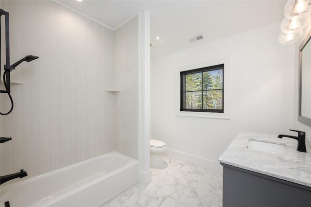 full bathroom featuring vanity, visible vents, marble finish floor, shower / bathtub combination, and toilet