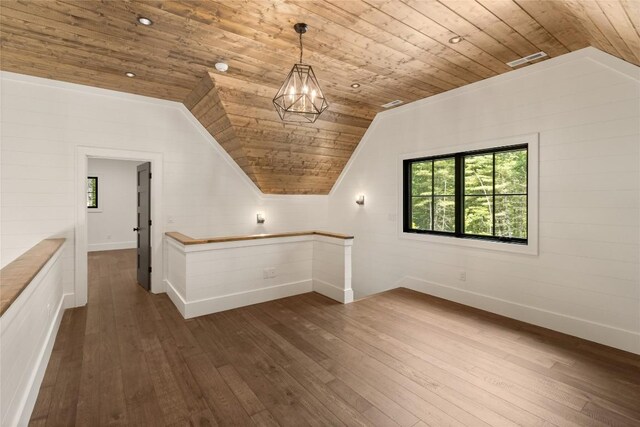 237 Glassy Rock Ln, Glenville, NC 28736 - additional living space with wooden ceiling, vaulted ceiling, dark wood finished floors, healthy amount of natural light, and a chandelier