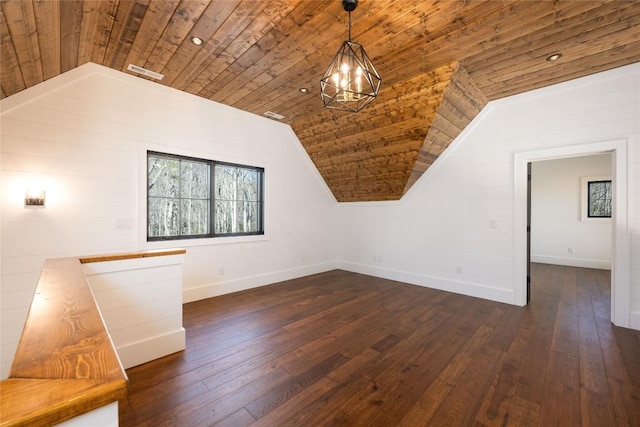 bonus room featuring lofted ceiling, dark wood-type flooring, and wooden ceiling