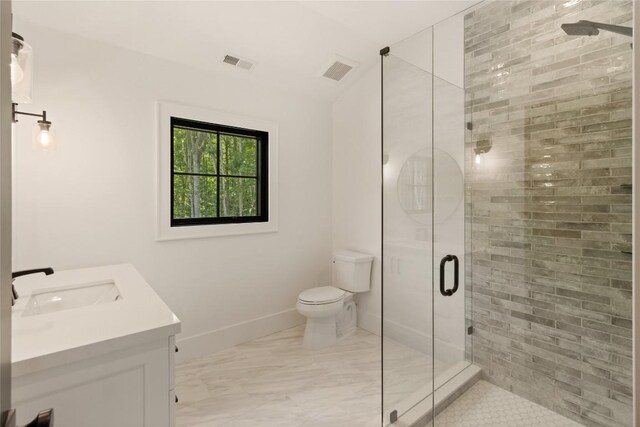 237 Glassy Rock Ln, Glenville, NC 28736 - bathroom featuring vanity, a shower stall, and marble finish flooring
