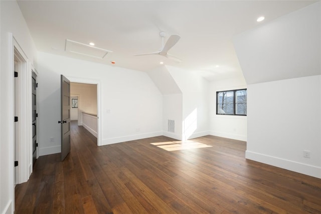 bonus room featuring vaulted ceiling, dark hardwood / wood-style floors, and ceiling fan