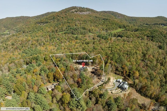 aerial view featuring a mountain view and a wooded view