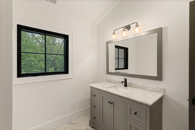 237 Glassy Rock Ln, Glenville, NC 28736 - bathroom featuring marble finish flooring, vanity, and vaulted ceiling
