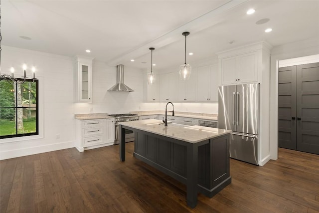 237 Glassy Rock Ln, Glenville, NC 28736 - kitchen with high end appliances, wall chimney exhaust hood, white cabinetry, dark wood finished floors, and recessed lighting