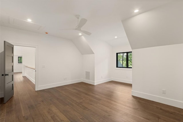 237 Glassy Rock Ln, Glenville, NC 28736 - additional living space with vaulted ceiling, dark wood-style flooring, recessed lighting, attic access, and ceiling fan