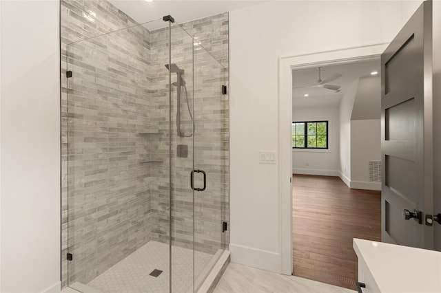 237 Glassy Rock Ln, Glenville, NC 28736 - full bath featuring a stall shower, ceiling fan, recessed lighting, and vanity