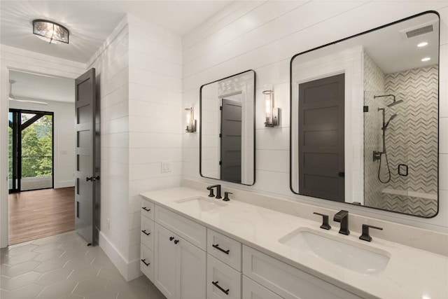 237 Glassy Rock Ln, Glenville, NC 28736 - full bathroom with a stall shower, double vanity, and tile patterned flooring