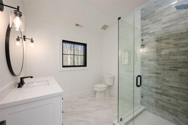 bathroom with visible vents, a shower stall, vanity, toilet, and marble finish floor
