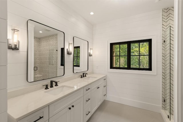 237 Glassy Rock Ln, Glenville, NC 28736 - bathroom with double vanity, a shower stall, and recessed lighting