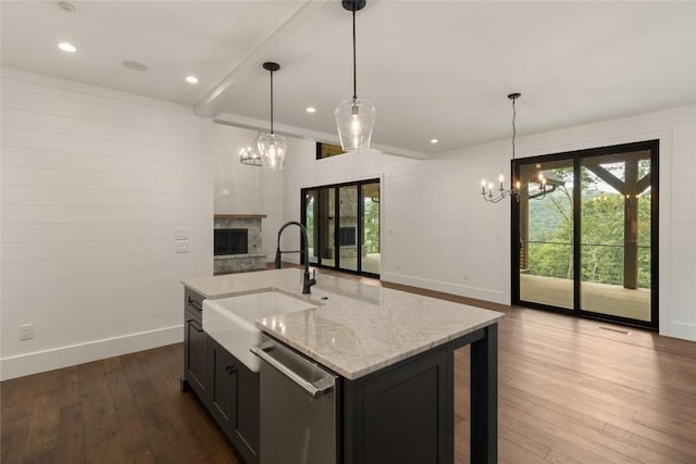 237 Glassy Rock Ln, Glenville, NC 28736 - kitchen with a chandelier, dishwasher, open floor plan, a fireplace, and recessed lighting