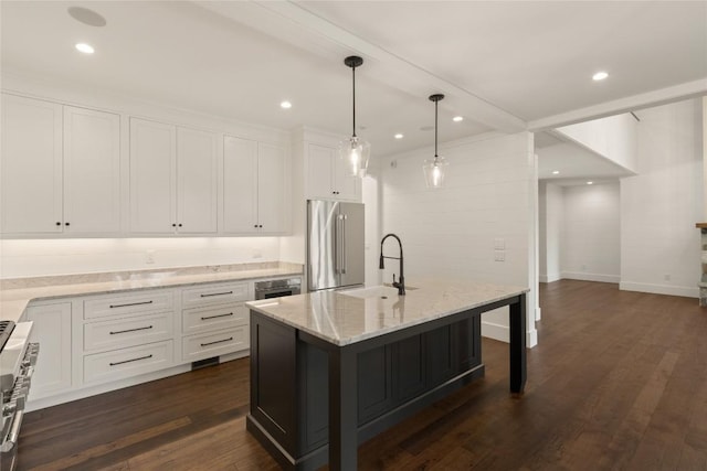 237 Glassy Rock Ln, Glenville, NC 28736 - kitchen featuring high quality appliances, light stone counters, white cabinets, a center island with sink, and recessed lighting