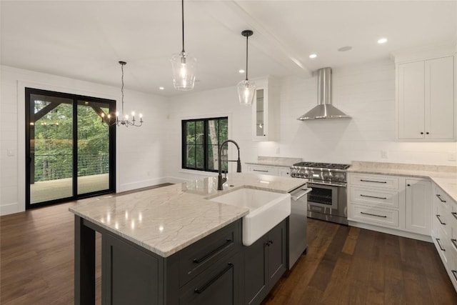 237 Glassy Rock Ln, Glenville, NC 28736 - kitchen featuring wall chimney exhaust hood, appliances with stainless steel finishes, white cabinetry, dark wood-style flooring, and recessed lighting