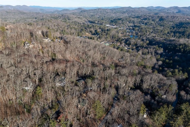 aerial view featuring a mountain view and a wooded view