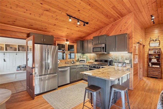 kitchen with wooden ceiling, stainless steel appliances, a peninsula, vaulted ceiling, and light wood finished floors