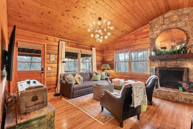 living area featuring a notable chandelier, lofted ceiling, wood-type flooring, wood ceiling, and wooden walls