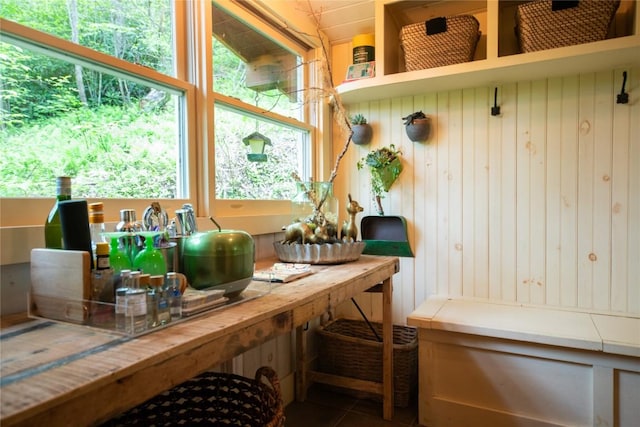 mudroom featuring wood walls and tile patterned floors