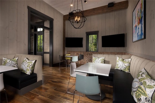 35 Creekwood Ct, Highlands, NC 28741 - living room with dark wood-style floors, wood walls, a chandelier, and beam ceiling