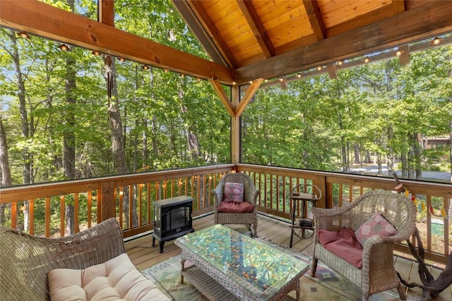 359 Outpost Trl, Glenville, NC 28736 - deck with an outdoor hangout area and view of wooded area