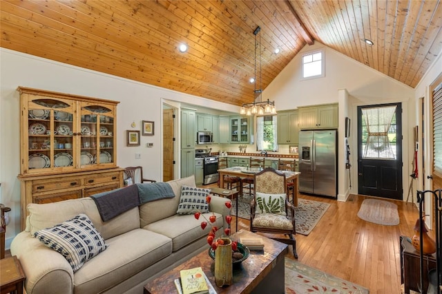 359 Outpost Trl, Glenville, NC 28736 - living room with wooden ceiling, high vaulted ceiling, and light wood-style floors