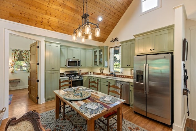 359 Outpost Trl, Glenville, NC 28736 - kitchen with green cabinets, stainless steel appliances, a sink, wood ceiling, and high vaulted ceiling