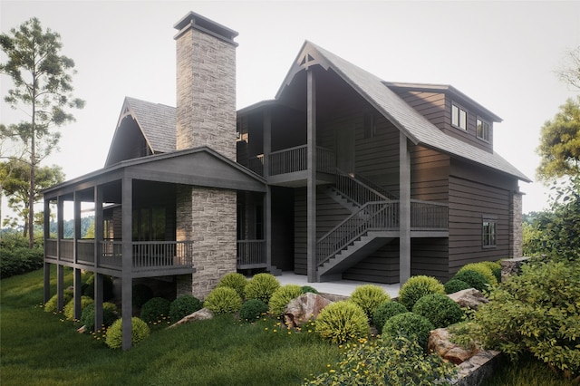 back of house featuring a chimney and stone siding