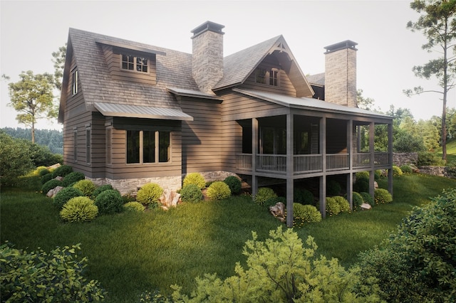 rear view of property featuring a chimney, metal roof, and stone siding