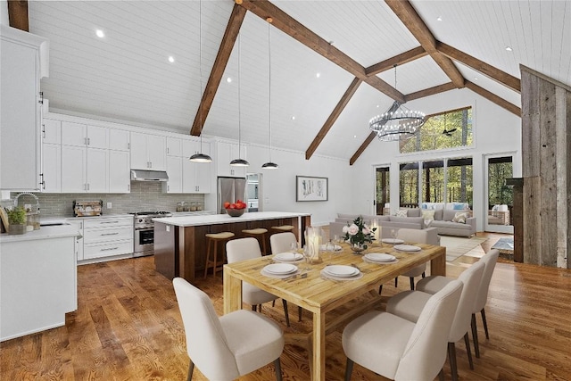2147 Pilot Knob Rd, Glenville, NC 28736 - dining area with beam ceiling, wood finished floors, a notable chandelier, and high vaulted ceiling