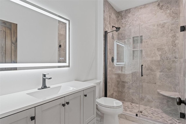 2147 Pilot Knob Rd, Glenville, NC 28736 - bathroom with toilet, a shower stall, marble finish floor, and vanity