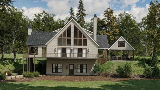 88 Lost Trl, Highlands, NC 28741 - back of property featuring a yard, a balcony, a shingled roof, and a chimney