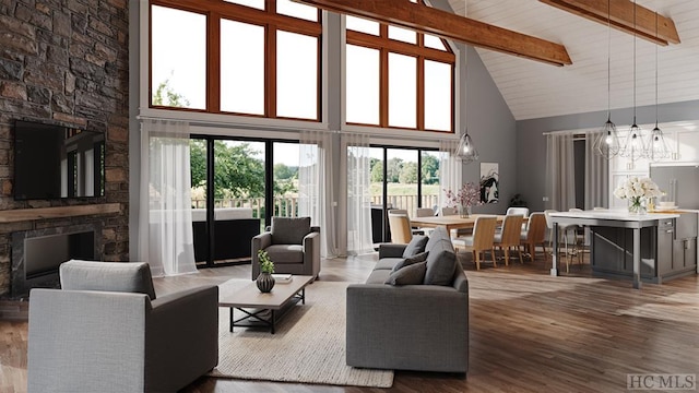 88 Lost Trl, Highlands, NC 28741 - living room featuring high vaulted ceiling, a chandelier, a fireplace, healthy amount of natural light, and beam ceiling