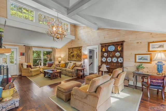 interior space with high vaulted ceiling, wood walls, a chandelier, beamed ceiling, and hardwood / wood-style flooring