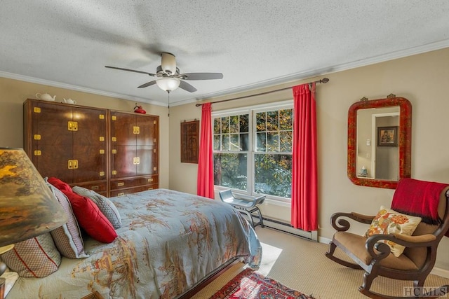 bedroom with carpet floors, ornamental molding, and a textured ceiling