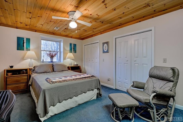 bedroom featuring dark carpet, two closets, and wood ceiling