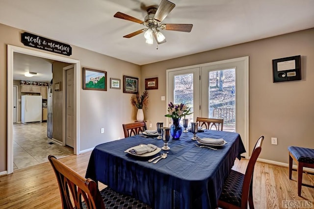 dining room featuring ceiling fan and light hardwood / wood-style flooring