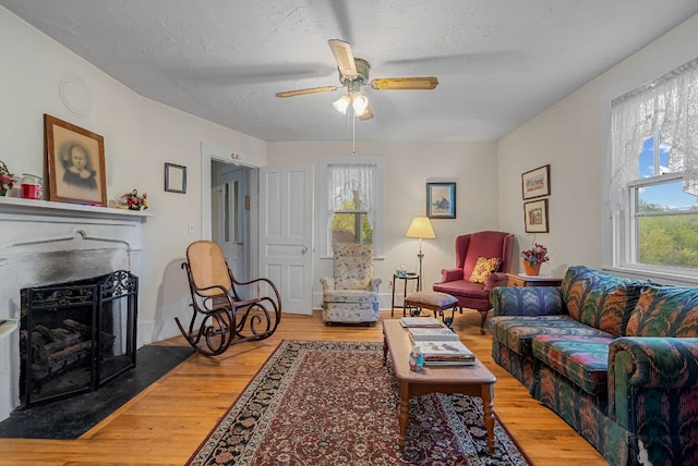 232 Dobson Rd, Franklin, NC 28734 - living area featuring healthy amount of natural light, wood finished floors, ceiling fan, and a textured ceiling