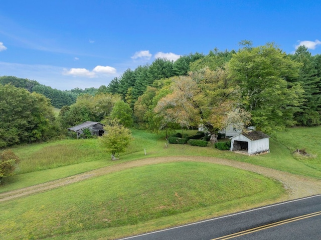 232 Dobson Rd, Franklin, NC 28734 - view of grassy yard featuring an outbuilding, dirt driveway, a garage, and a forest view