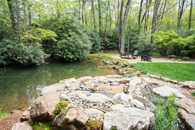 view of green lawn featuring a forest view