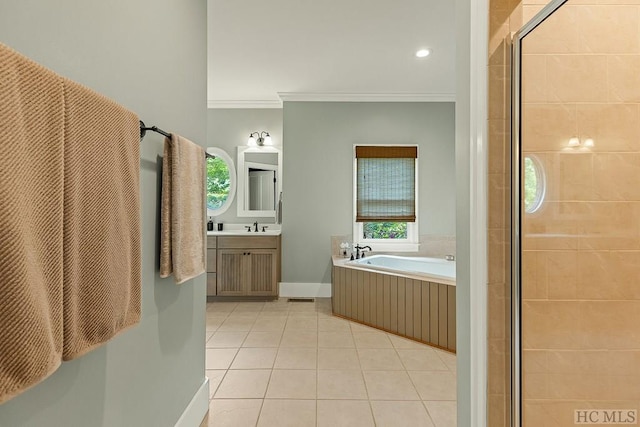 bathroom with ornamental molding, vanity, independent shower and bath, and tile patterned flooring