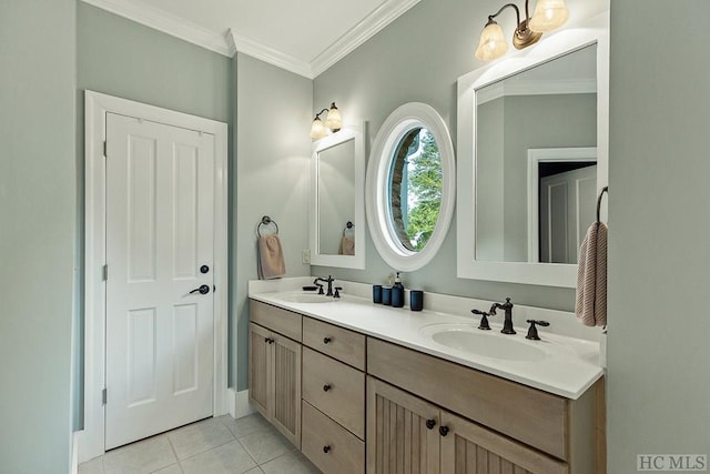 bathroom featuring vanity, ornamental molding, and tile patterned floors