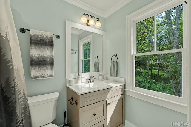 bathroom featuring crown molding, a healthy amount of sunlight, toilet, and vanity