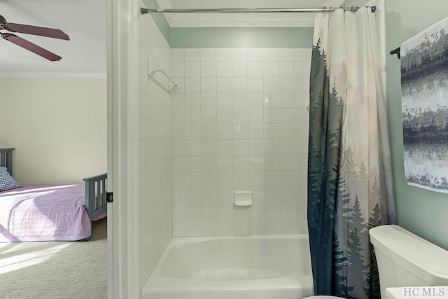 bathroom featuring ceiling fan, ornamental molding, shower / bath combination with curtain, and toilet