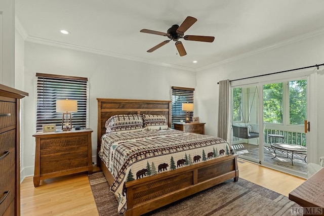 bedroom featuring ceiling fan, ornamental molding, light hardwood / wood-style flooring, and access to outside