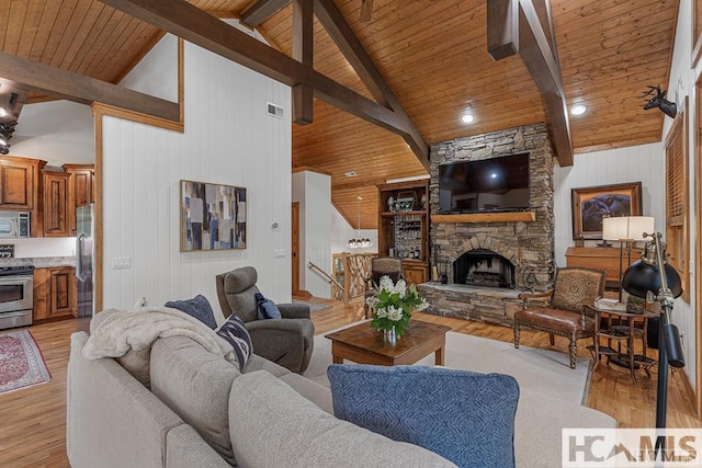 living area featuring high vaulted ceiling, wooden ceiling, wood walls, light wood finished floors, and beam ceiling