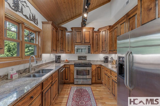 kitchen with appliances with stainless steel finishes, a sink, vaulted ceiling, light wood finished floors, and wooden ceiling
