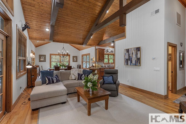 living area featuring light wood-style floors, wooden ceiling, a chandelier, beam ceiling, and baseboards