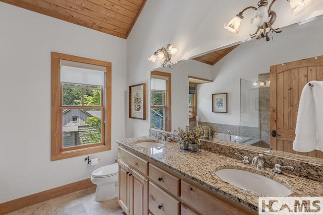 full bath with lofted ceiling, wooden ceiling, baseboards, a tub, and toilet