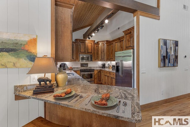 kitchen with stainless steel appliances, a sink, rail lighting, light wood-style floors, and vaulted ceiling