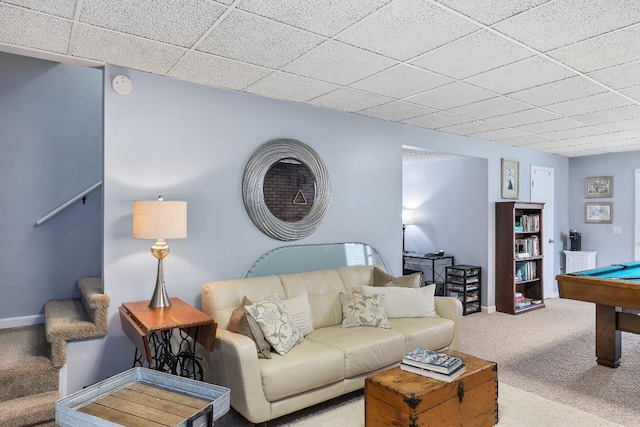 150 Lauren Ln, Franklin, NC 28734 - carpeted living room with a drop ceiling, billiards, and stairs